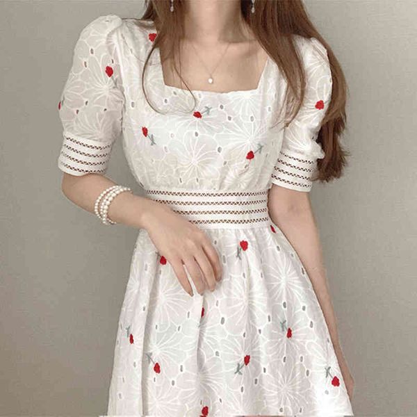 

casual dresses korean summer sweet heavy industry embroidery flowers slimming square neck waist hollow design puff sleeve dress yh, Black;gray