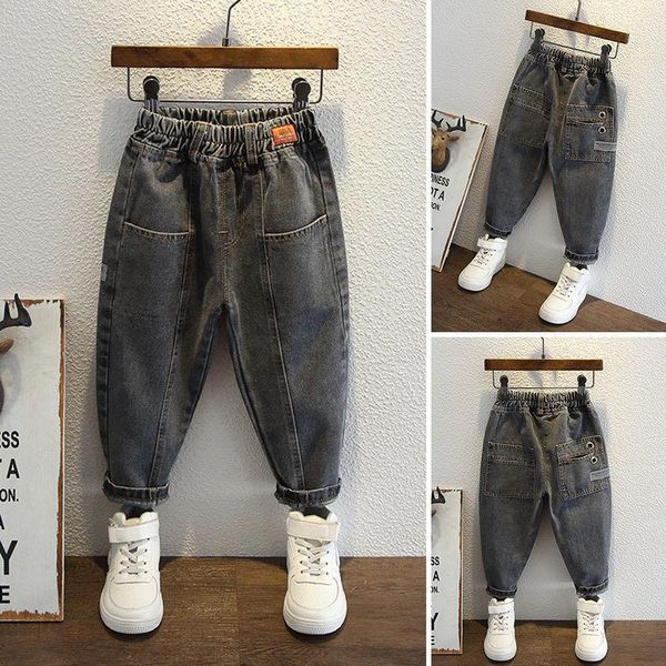 

jeans 2021 spring and autumn children's boys solid color loose casual sports breathable denim trousers kids clothing kj33, Blue