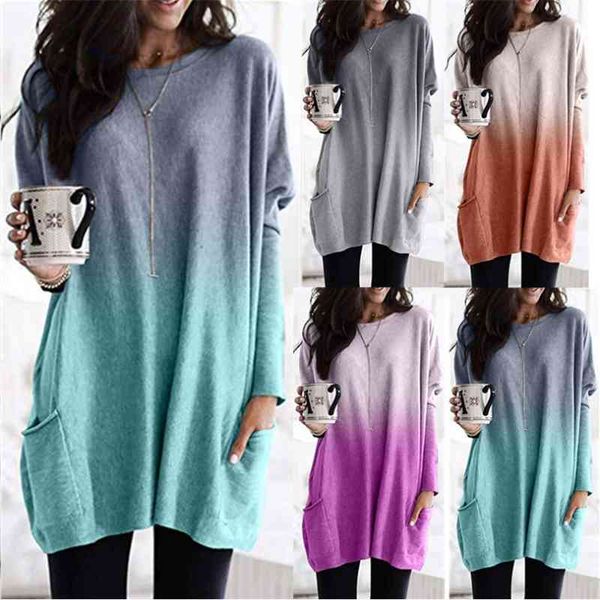 

2021 women's sweater gradient long sleeve pocket t-shirt, Black