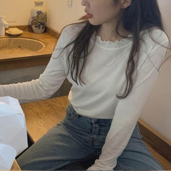 

women's t-shirt o-neck solid long-sleeved women retro fashion elasticity woman casual white base t-shirts woman's 2021