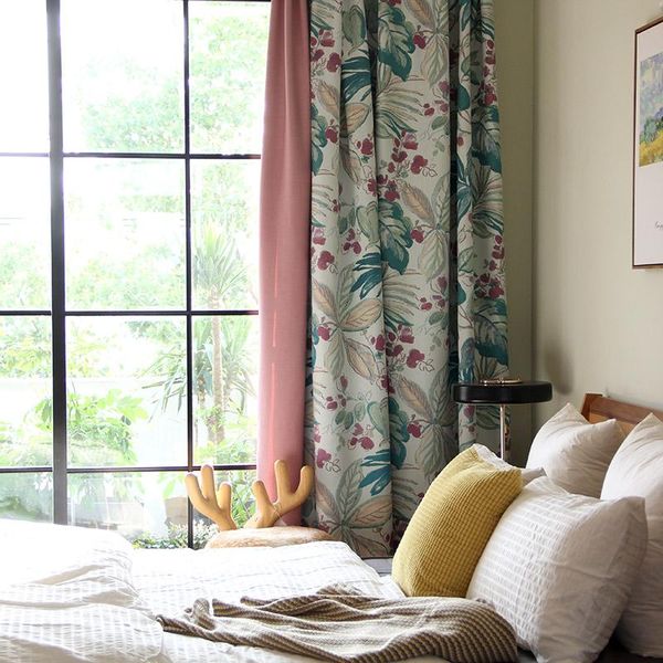 

curtain & drapes franch style window pink cloth and green leaves printed curtains for living room blackout bedroom