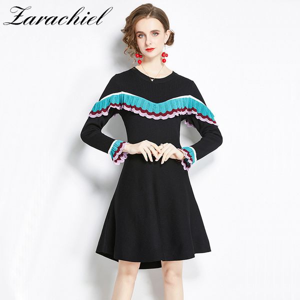 

elegant ruffles patchwork pullover sweater autumn women casual long sleeve o-neck slim a-line black knitting dress 210416, Black;gray