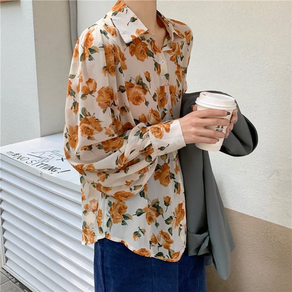 

dress retro chiffon slim loose elegance vintage florals streetwear sweet all match chic shirts, White