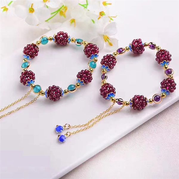 

multi-circle pomegranate crystal charming bracelet fine jewelry for women bohemia cute natural garnet stone ethnic charm bracelets, Golden;silver