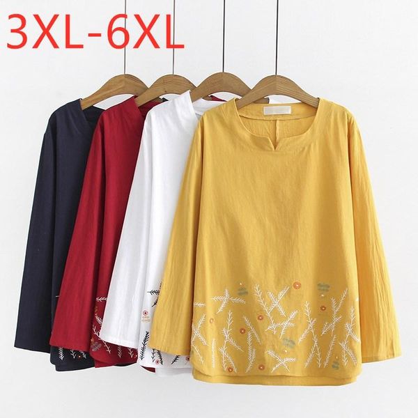 

women's blouses & shirts ladies autumn winter plus size for women large blouse long sleeve loose cotton yellow embroidery shirt 3xl 4x, White