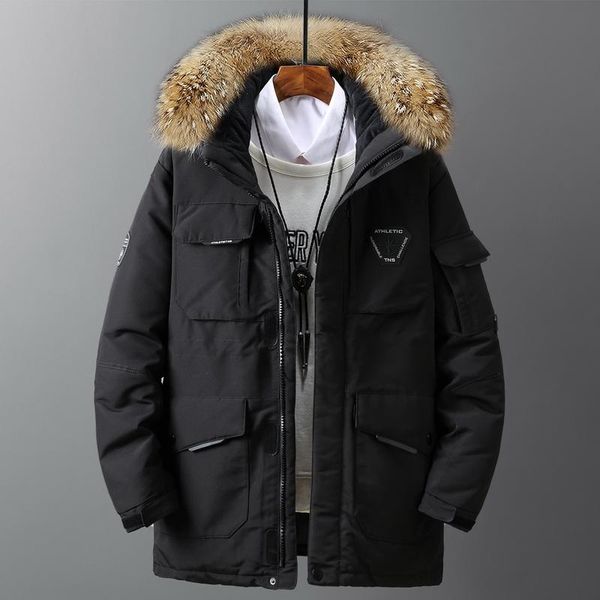 

men's down & parkas thick jacket big real fur collar warm parka 30 degree waterproof casual overcoat size 3xl winter, Black