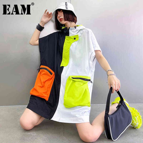 

[eam] loose fit pocket contrast color zipper jacket hooded sleeveless women coat fashion spring summer 1dd7580 21512, Black;brown