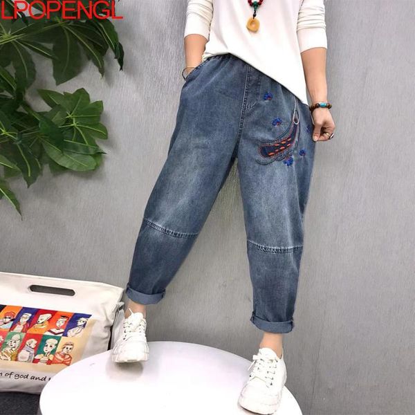

women's jeans spring autumn women pants harem nine-point 2021 fashion harajuku high waist embroidery loose men stretch, Blue