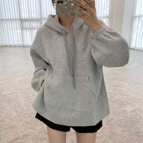 

women's hoodies & sweatshirts [ewq] korea chic casual versatile hooded drawstring pocket loose side slit plush warm long sleeved women, Black