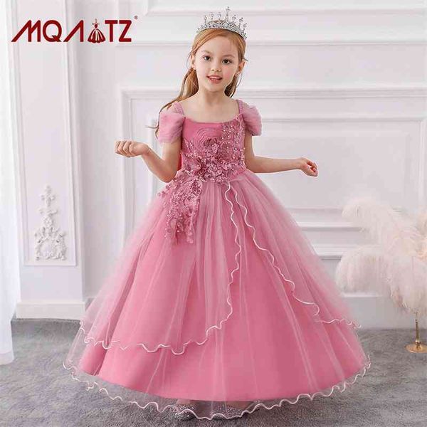 

children's long one shoulder applique mesh princess dress irregular performance kid dress, Red;yellow
