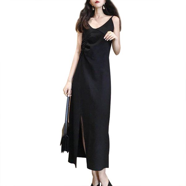 

elegant female black slings v-neck slit with no solid sleeves dress ruched wl112, Black;gray