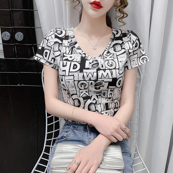 

summer women's t-shirt mesh hollow woman t shirt short sleeve v-neck female streetwear chic letters ladies tees, White