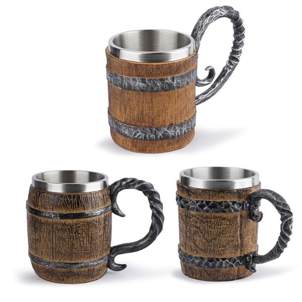 

mugs 1pc wooden barrel stainless steel insulated resin 3d beer mug goblet game tankard coffee cup wine glass for bar decor