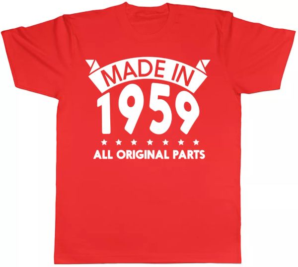 

made in 1959 all original parts birthday mens short sleeve t-shirt, White;black