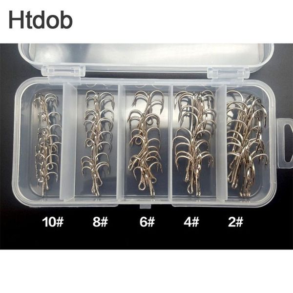 

50pcs/box treble fishing hook in storage box sharpened size 2/4/6/8/10# barbed fishhook silver color for ice hooks