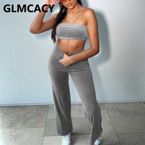 

two piece matching sets women strapless & high waist wide leg pants 210702, White