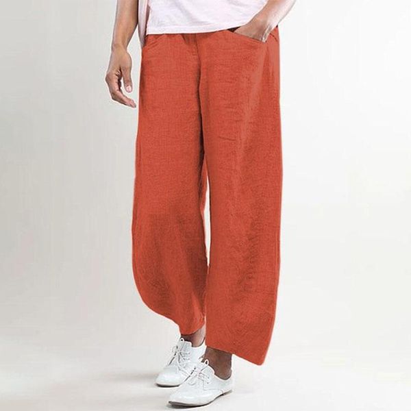

women's pants & capris plus size casual ankle length trousers summer women linen loose wide leg vintage ladies elastic waist y, Black;white