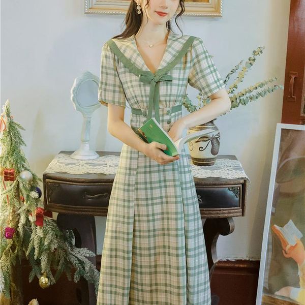 

casual dresses 2021 waist slimming retro-elegant french style chess kikyou girly summer mori student long, Black;gray