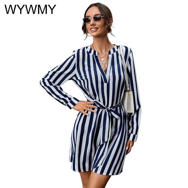 

casual dresses wywmy women's autumn spring striped v-neck pullover long-sleeved shirt dress office lady knee-length sashes a-line, Black;gray