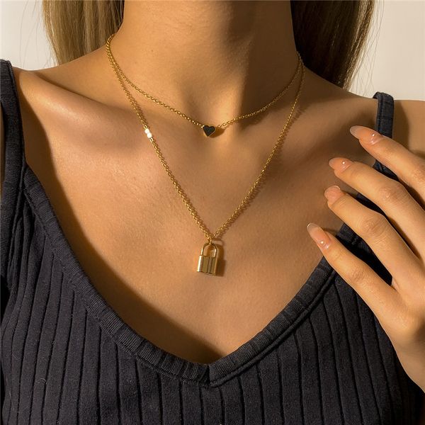 

european heart lock pendant necklaces double layer metal thick clavicle chains for women gift party dress jewelry accessories wholesale, Silver