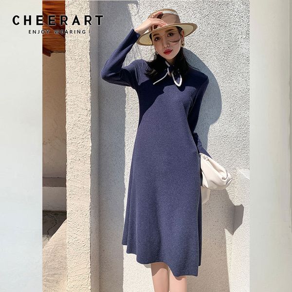 

winter blue bow neck long sleeve korean dress women a line knee length casual modest ladies warm clothes 210427, Black;gray