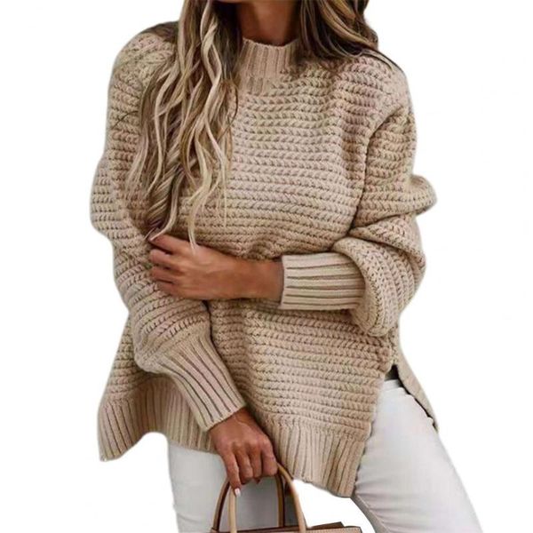 

women's sweaters fashion winter women sweater semi-high collar solid color warm casual loose side slit knitted for outdoor, White;black