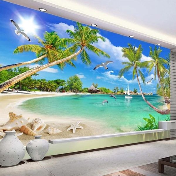 

wallpapers dropship 3d wallpaper modern simple coconut tree sea landscape murals tv sofa dining room wall painting papel de parede sala