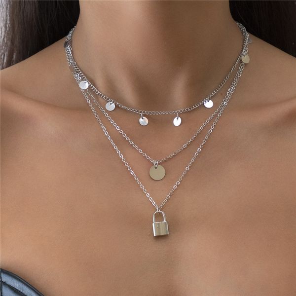 

women dress wear lock pendant necklaces multi layer copper row round pieces thin clavicle chain punk party gift silver link jewelry accessor