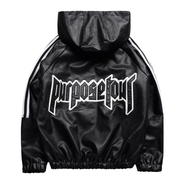 

men's fur & faux world trend loose hooded leather jacket coats autumn winter classic brand embroidery purpose tour plus thick outerwear, Black