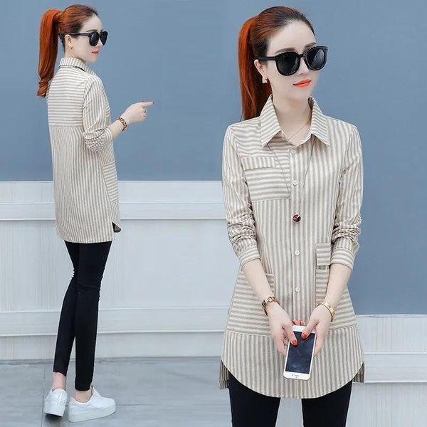 

women's blouses & shirts 2021spring autumn cotton shirt jacket women coat large size 4xl blouse long-sleeved striped single breasted f, White