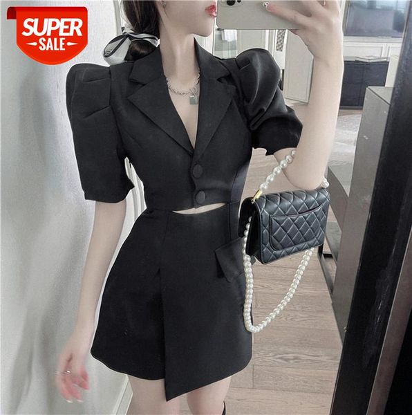 

korean style fashionable slim suit dress with navel and waist #iu5f, Black
