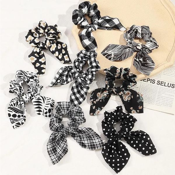 Black White xadrez coelho Ear Scrunchies Elastic Hair Bands Bow para Mulheres Cabelo Corda Titular De Cabelo Meninas Acessórios De Cabelo