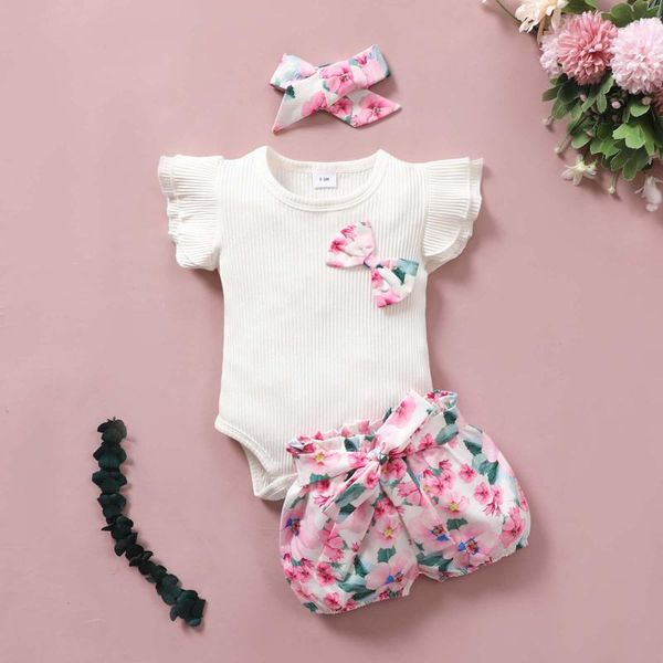 

clothing sets born baby girl outfits ruffle sleeve romper bodysuit jumpsuit shorts +headband 3pcs outfit infant, White