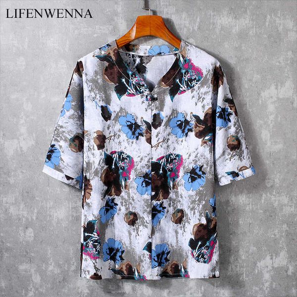 

lifenwenna design buckle v neck t shirt men summer casual flower print short sleeve t shirts mens linen hip hop tees 5xl 210528, White;black