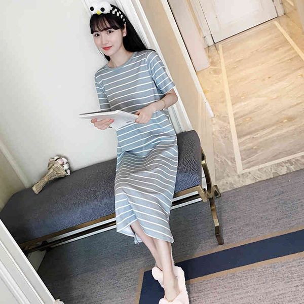 

women's sleepwear summer cotton casual striped nightgown women sleep dress short sleeve o-neck long nightdress home clothes ad3541 omxx, Black;red