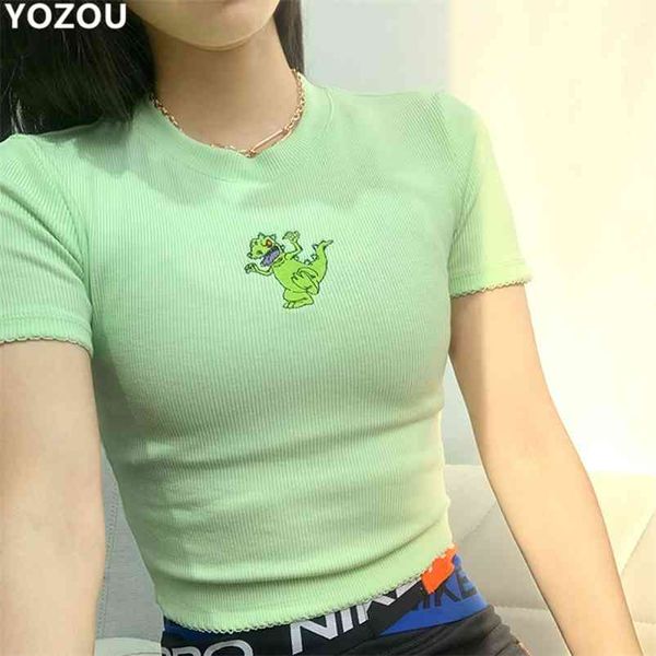 

women knitwear short sleeve crop tee women oneck summer tshirt cartoon pattern embroidery 90s aesthetic e girl 210623, White