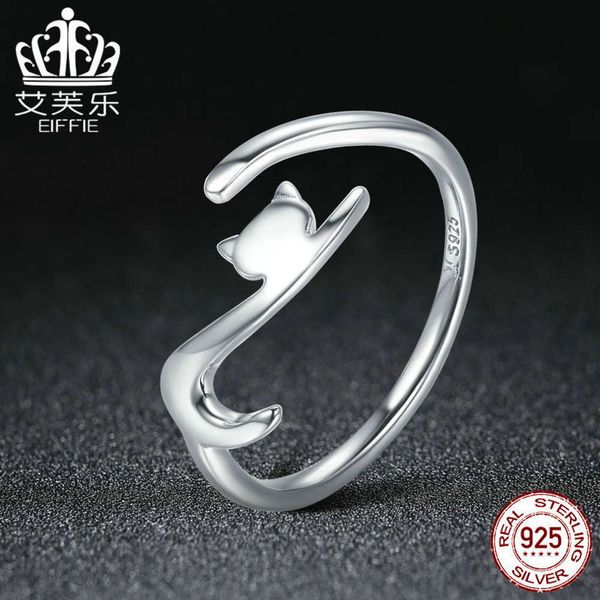 

mischievous sterling silver ring personalized creativity kitten s925 open female silver ring, Black