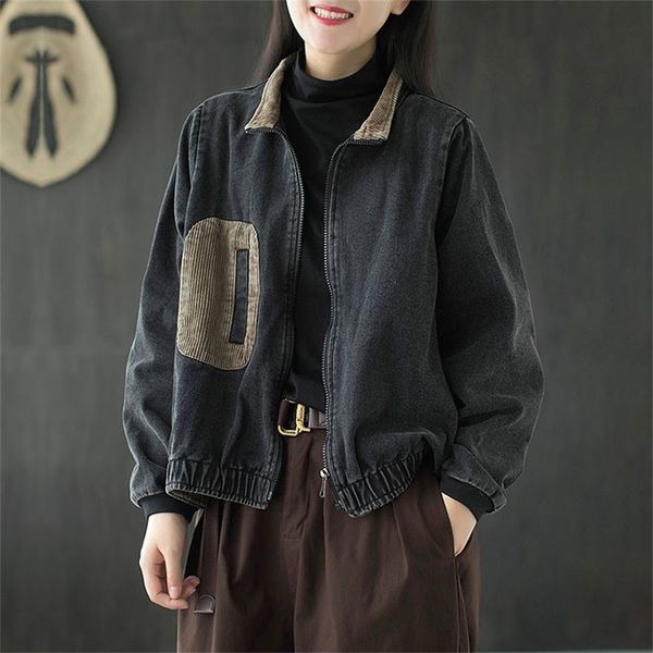 

arrival spring autumn arts style women long sleeve loose casual short coats corduroy patchwork zipper jackets m687 210512, Black;brown