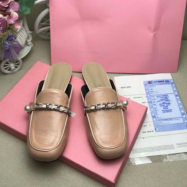 

women vintage mary jane leather slippers with pearl chain summer luxurys designers shoes stitching classic black and white toe cap women&#03