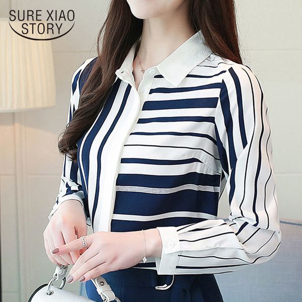 

fashion korean clothing long-sleeve chiffon striped turn down collar slim fit women and blouse 0924 40 210415, White