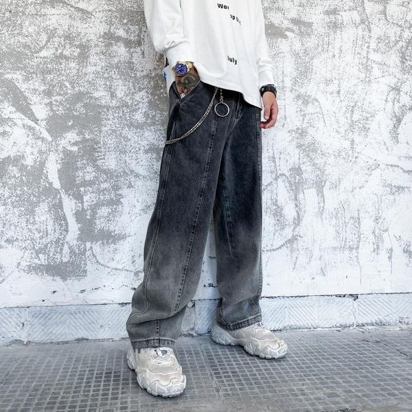 

hip hop streetwear men's wide leg denim pants youth students casual sport straight jeans male washed loose cowboys trousers, Blue