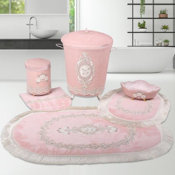 

bath mats bonny home exclusive pink 6 pieces laundry basket set & mat organizer dirty clothes storage and bathroom rugs