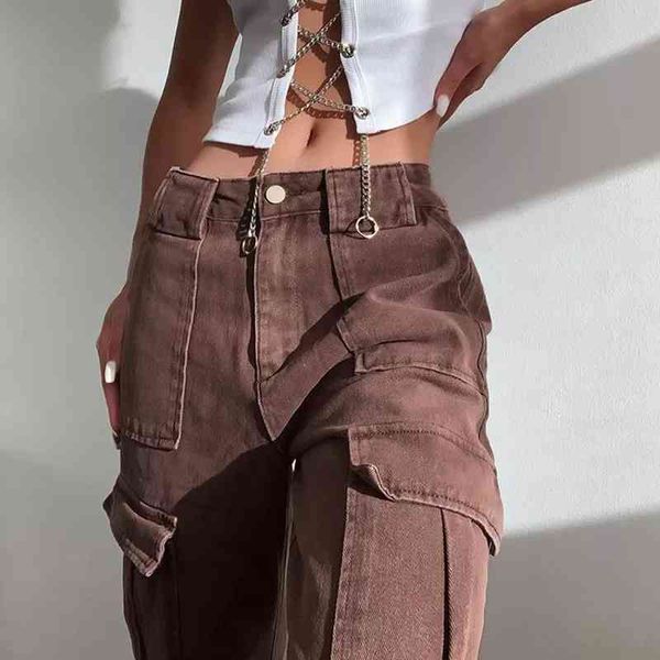 

women's jeans pants european and american style retro brown pocket high waist straight casual fashion wcxc, Blue