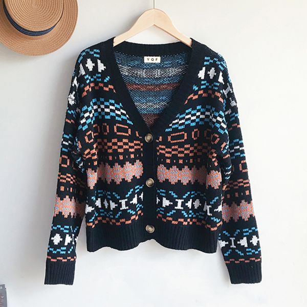 

hoodies japanes fashion cut jacquard knitted cardigan women's vintage korean sweater outerwear chic pull femme hiver, Black