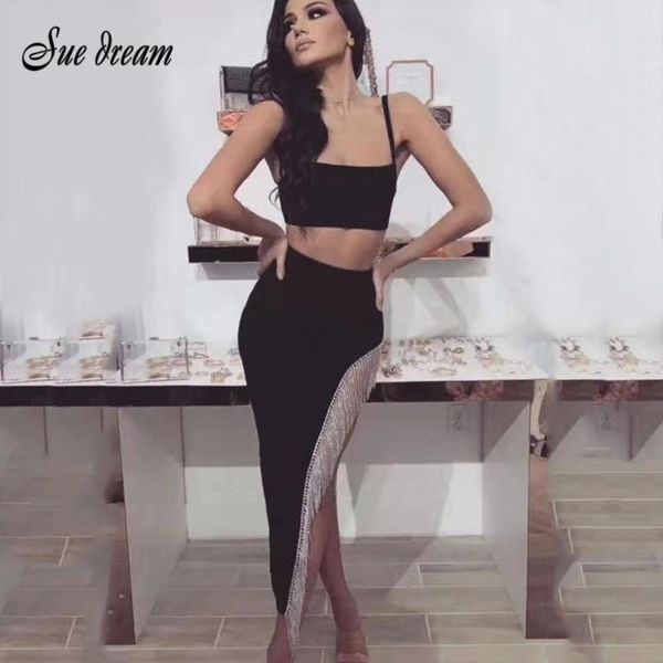 

two piece dress 2021 spring women's black 2 two-piece sets spaghetti short & split tassel bandage skirt bodycon party set, White