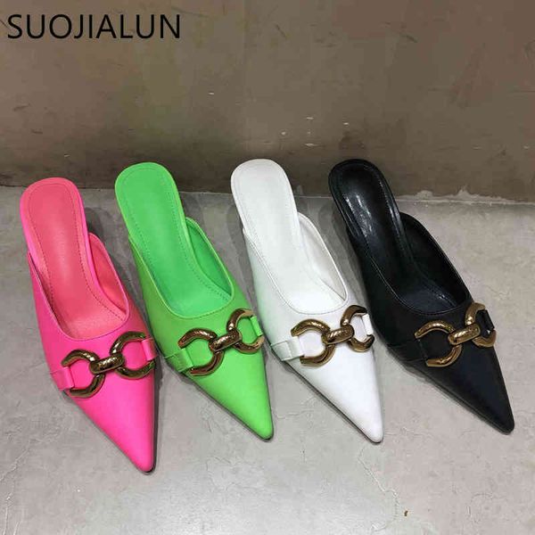 

suojialun 2021 summer elegant women slippers thin low heel pointed toe mules shoes ladies outdoor shallow buckle dress slides c0407, Black