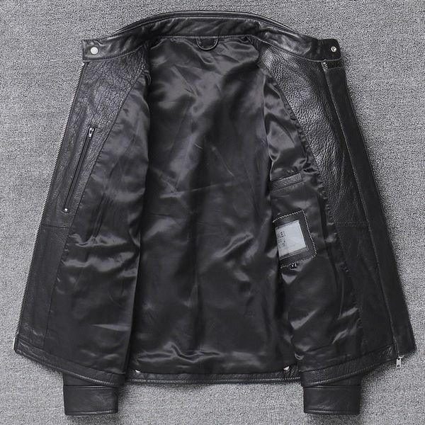 

men's leather & faux mens classic luxury cowhide genuine jacket motorcycle biker coat stand collar windbreaker punk slim fit jackets, Black