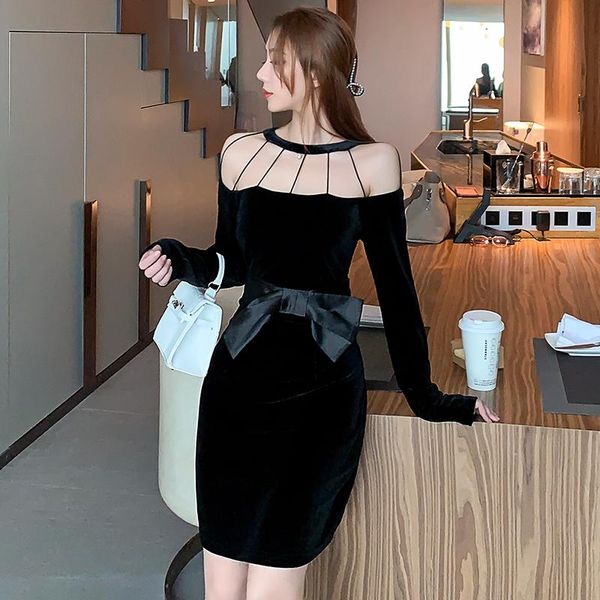 

casual dresses coigarsam women dress bow hollow out black 9061, Black;gray