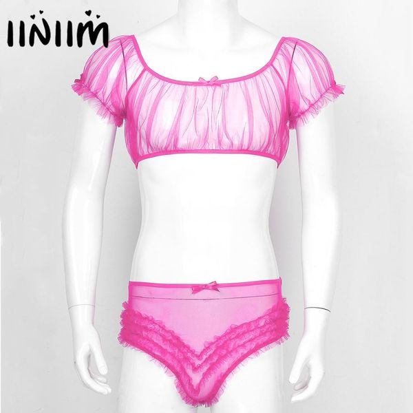 

mens sissy exotic sets see through sheer lingerie off shoulder crop with frilly ruffle briefs underwear gay male sleepwear, Red;black