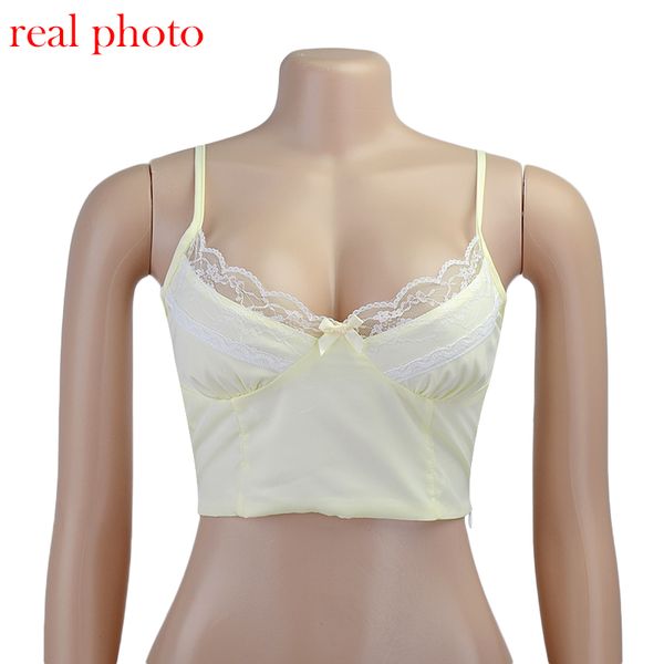 

yellow satin lace crop sleeveless cami baless cute y2k female vest cropped clotheshigh quality, White
